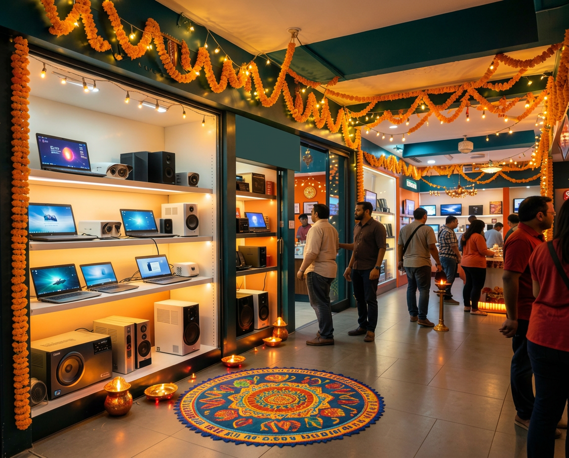 Computer Bazar Kasganj electronics showroom decorated for Diwali and Navratri with laptops, CCTV and LED TVs on display